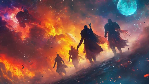 Cloaked figures advancing through fiery cosmic landscape.