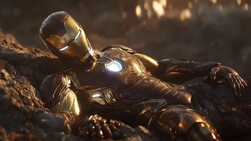 Battle-worn metal hero resting in molten twilight rubble.