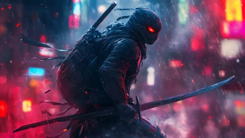 Masked swordsman stands in neon cityscape under rainfall