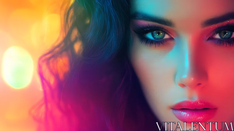 Neon-lit portrait highlights vivid gaze and glossy lips.