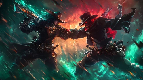 Dueling cyberpunk gunfighters in neon-ignited vortex clash.