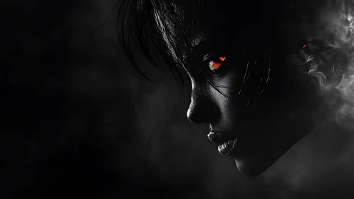 Dark portrait shows obsidian face with burning red eyes