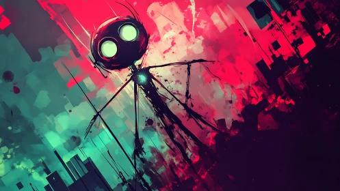 Neon-eyed stickbot quietly rewrites the glitching skyline