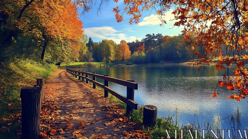 Lakeside path runs beside calm water under dense autumn foliage