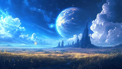 Twin planets hover above crystalline spires and sunlit plains