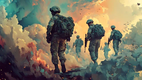 Armed soldiers advancing through dense abstract smoke field.