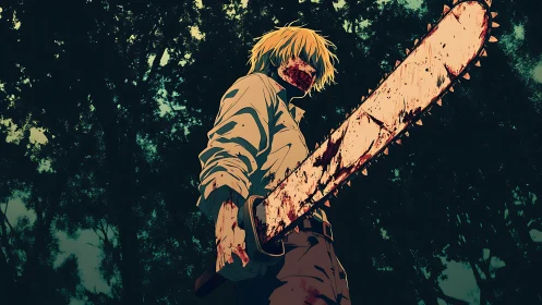 Bloodied anime figure holding chainsaw in dark forest.