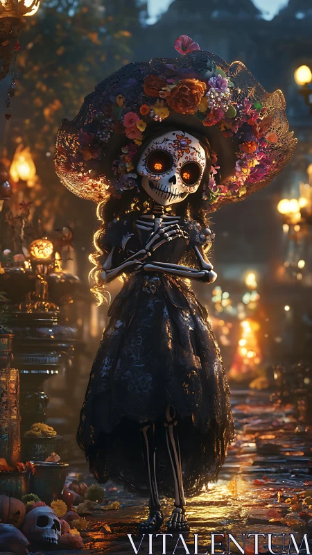 Elegant D&iacute;a de Muertos skeleton girl in glowing floral finery.