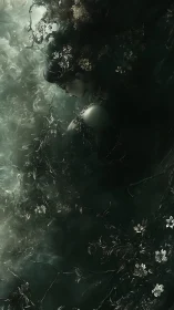 Forest spirit resting in moonlit tangle of vines and mist.