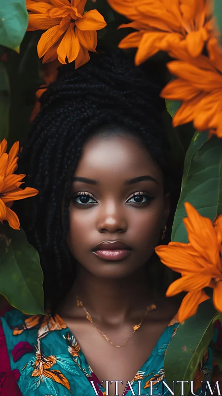 Portrait amid blazing orange blooms in lush foliage frame.