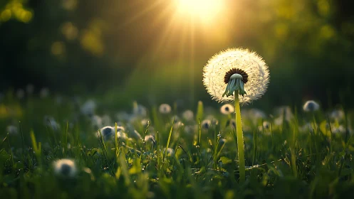 Backlit dandelion seed head in grass under low evening sun.