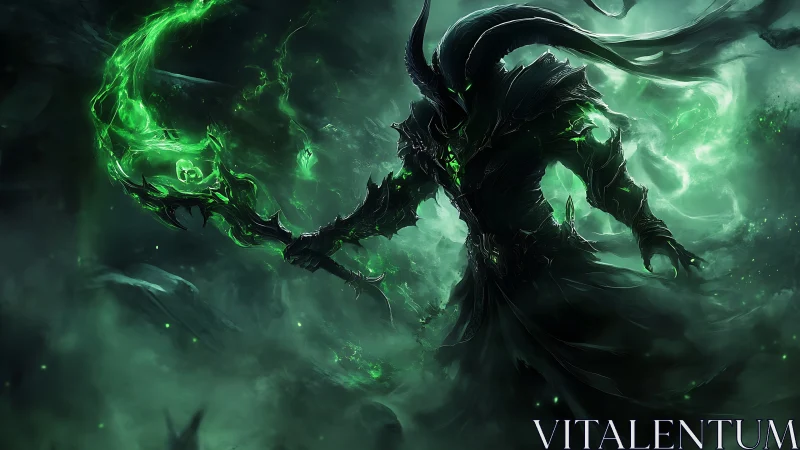 Demonic warlord wields glowing green scythe amid swirling mist