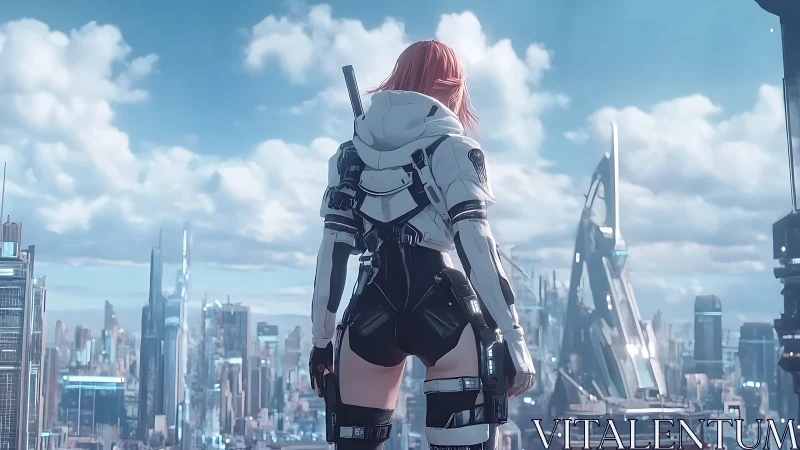 Skyline sentinel in white armor above a hopeful future city.