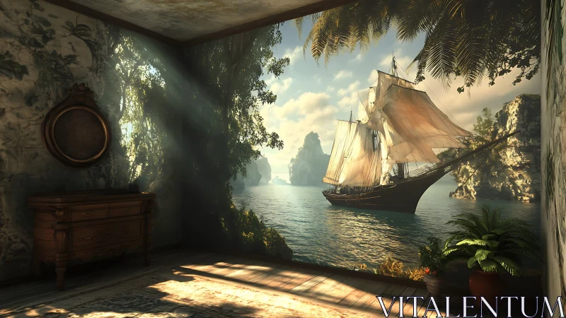 Interior room merging with seascape of sailing ship wall scene.