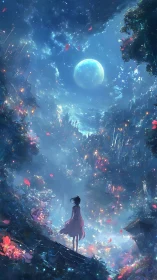 Girl gazes at glowing moon above dreamlike forest city