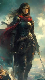 Armored female warrior with twin swords in rugged terrain.