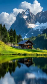Alpine lakeside cabin mirrors towering sunlit granite peak