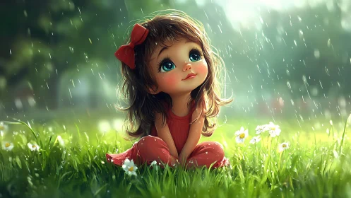 Digital child character sitting in rain on grassy field.