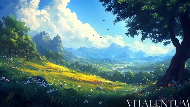 Sunlit valley trail under towering clouds and distant peaks.