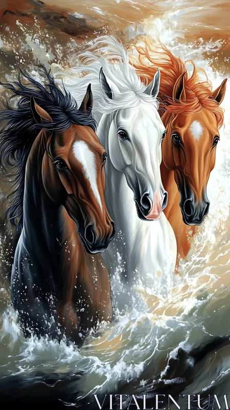 Tri-color stallions charging through dynamic ocean surf.