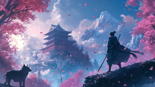 Samurai and wolf overlook cherry blossom mountain temple.