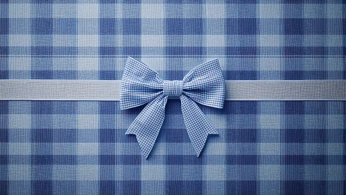 Symmetric blue gingham bow on textured plaid fabric surface