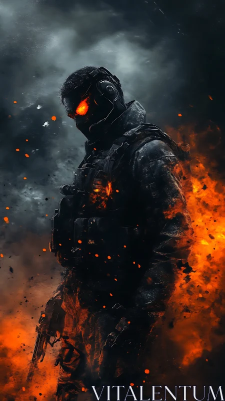 Armored cyber soldier in flames with glowing visor gaze.