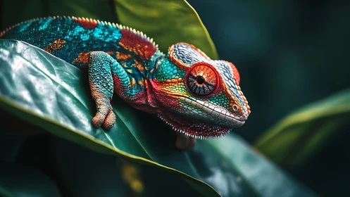 Colorful chameleon resting on glossy green tropical leaves.