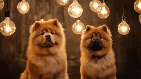 Two Chow Chow dogs positioned against warm suspended globe lighting