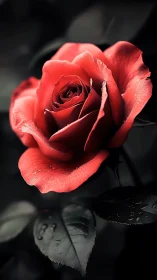 Crimson Rose with Atmospheric Depth and Botanical Precision.