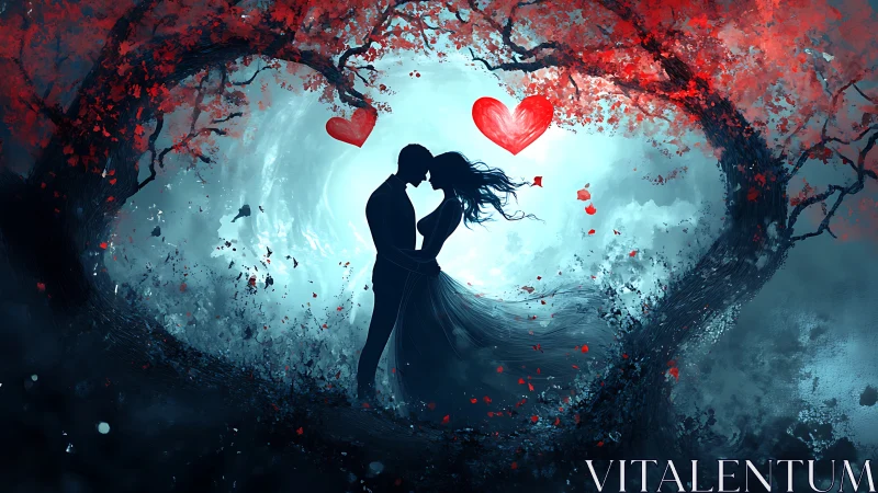 Silhouetted couple embracing beneath luminous portal with falling crimson petals.
