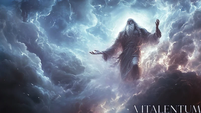 Storm-birthing elder strides through a cathedral of clouds