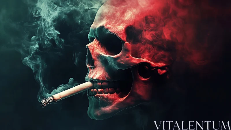 Digital skull profile holds lit cigarette amid colored smoke