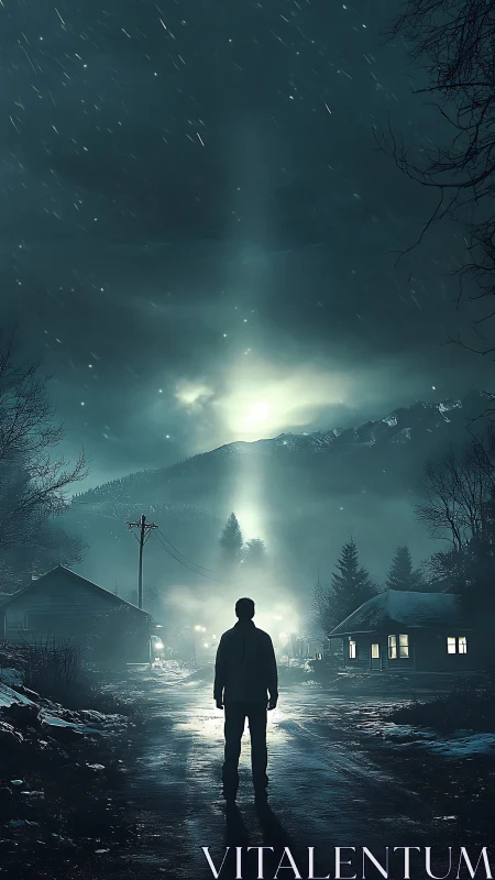 Solitary figure on wet street facing distant vertical light beam.