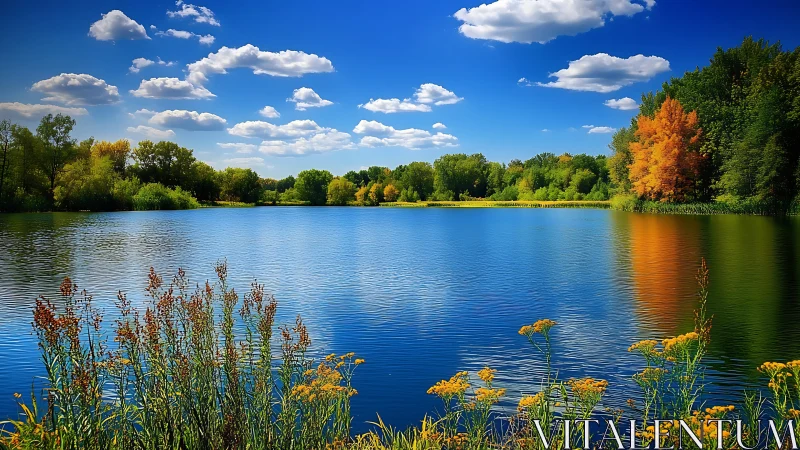 Vibrant lakeside panorama under deep cobalt sky.