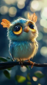 Wide-eyed baby owl glows gently under dreamy forest lights