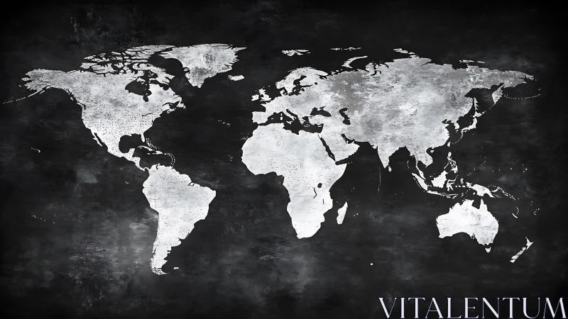 Monochrome world map silhouette on textured dark field.