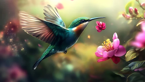 Iridescent hummingbird courting neon blossoms in dawn haze.