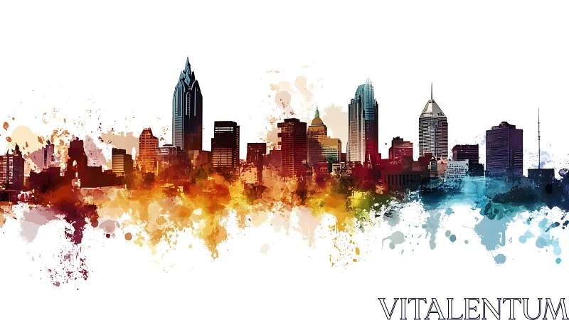 Color-splashed city skyline silhouette dissolves into vivid paint