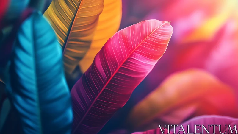 Vibrant close up of neon colored tropical banana leaves.
