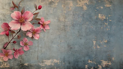 Pink Cherry Blossoms Against Weathered Concrete Wall.