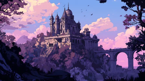 Sunset castle rises above forested cliffs in dreamy light