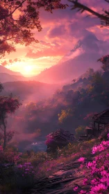 Digital painting of luminous valley sunrise with floral foreground.
