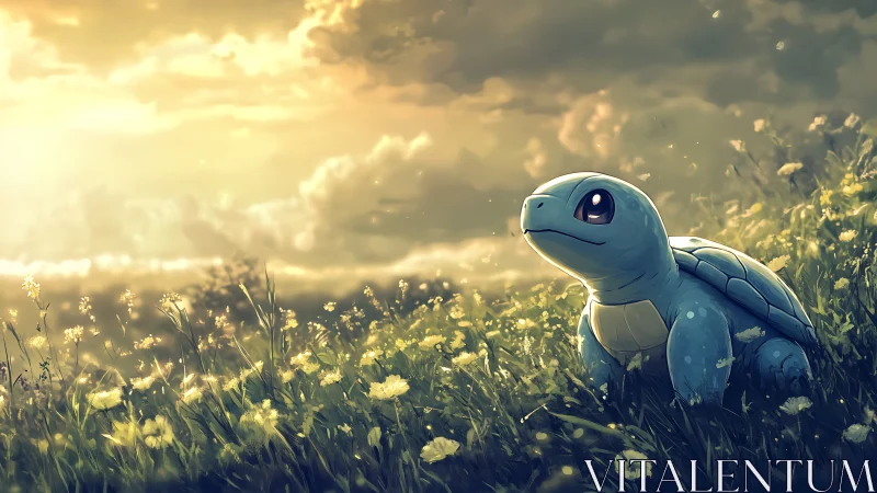 Cute blue turtle character sits in glowing sunset meadow.