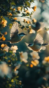 Morning light welcomes two songbirds dancing among blooms