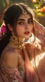 Portrait of woman in ornate traditional attire outdoors.