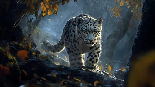 Snow Leopard in Autumn Forest with Golden Foliage