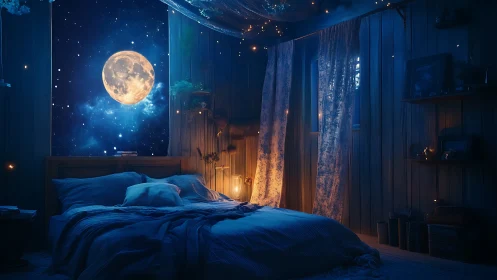 Moonlit bedroom quietly sails into a private midnight galaxy