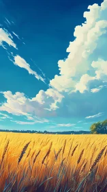 Golden wheat field under towering cumulus cloudscape at noon