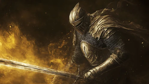 Armored knight emerging through molten golden embers.